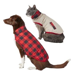 Reversible Quilted Pet Vest in Red/Black Check and Cream